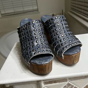 Bed Stu Debby Distressed Leather Studded Wooden Platform Sandals
